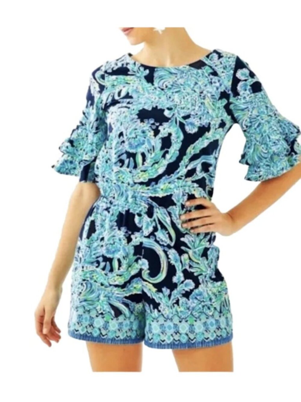 Lilly Pulitzer Blue Green Print Romper Ruffle Sleeve Shorts One Piece Resort